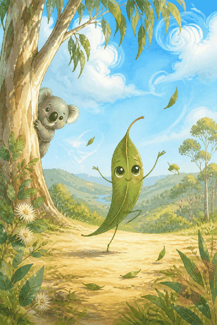 A dancing leaf and friendly koala in an Australian landscape